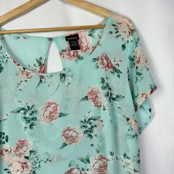 Torrid Aqua Blue Pink Floral Chiffon Short Sleeve Top 1 - Picture 3 of 4